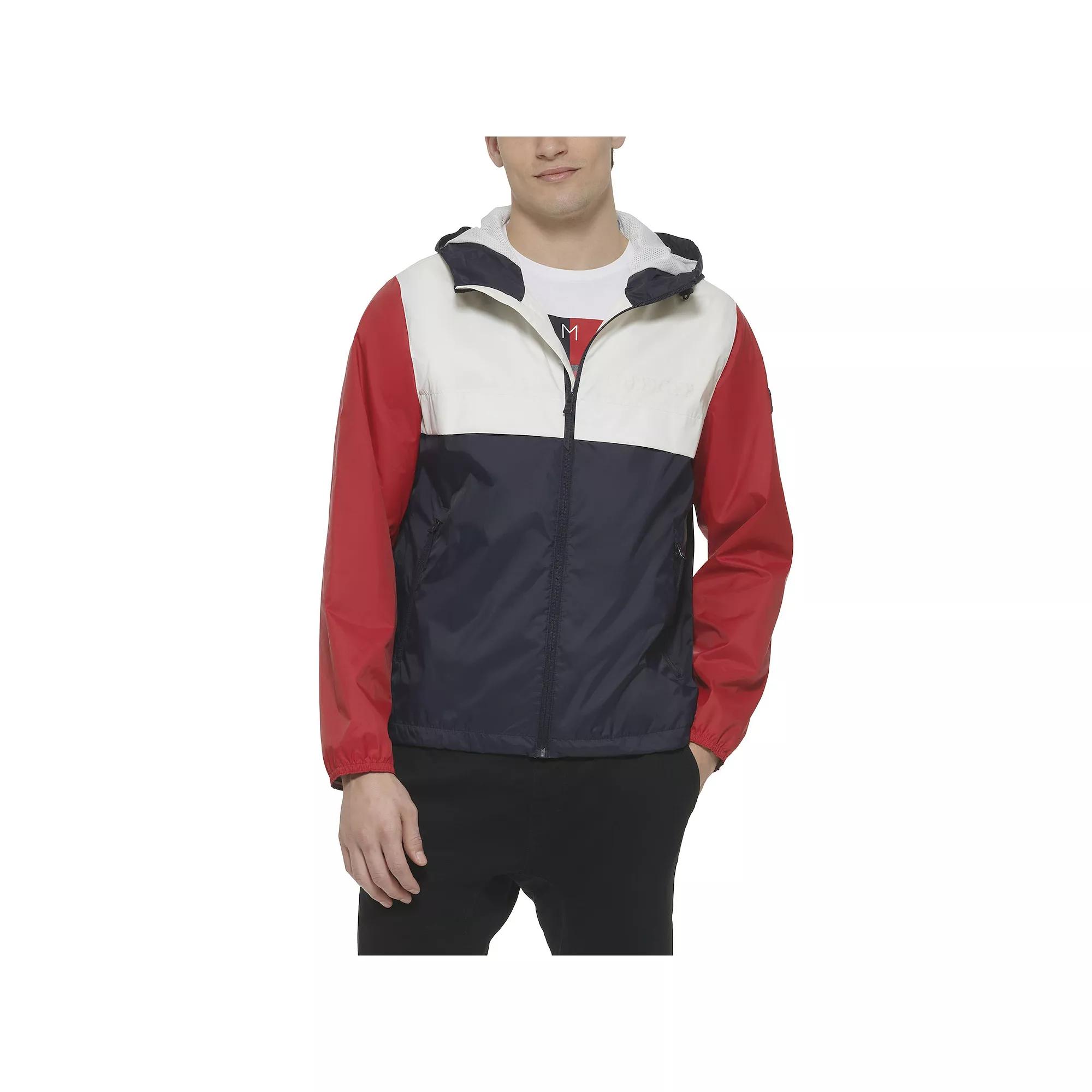 Men's Tommy Hilfiger Logo Patch Hooded Rain Jacket, Size: Medium, Blue Stripe Product Image