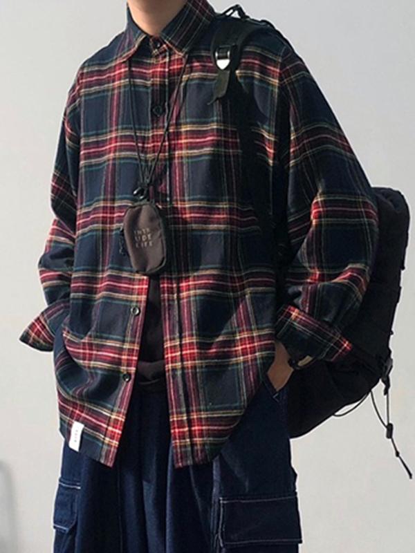 Men's Vintage Plaid Print Long Sleeve Blouse Product Image