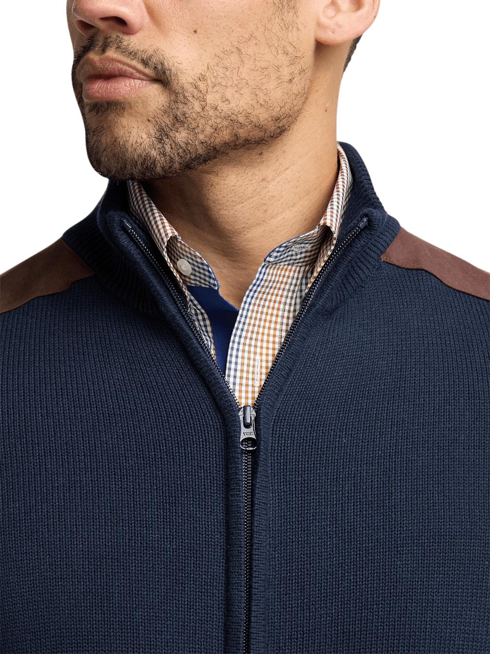 Cotton Full Zip Mock Neck Sweater - Navy Product Image