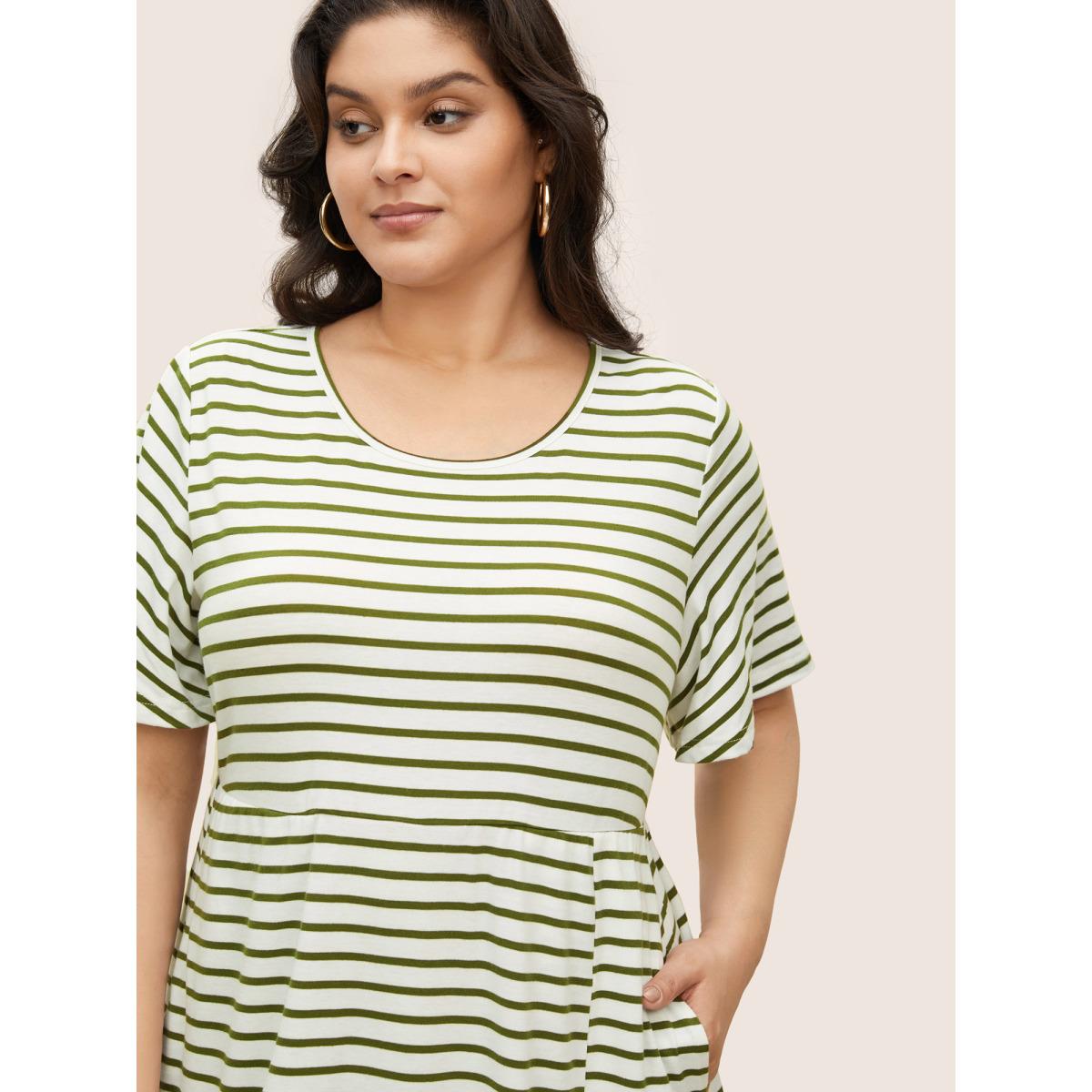 Plus Size Stripes Round Neck Split Side Pocket Dress Moss Women Casual Slit Round Neck Short sleeve Curvy Midi Dress BloomChic 18-20/2X Product Image
