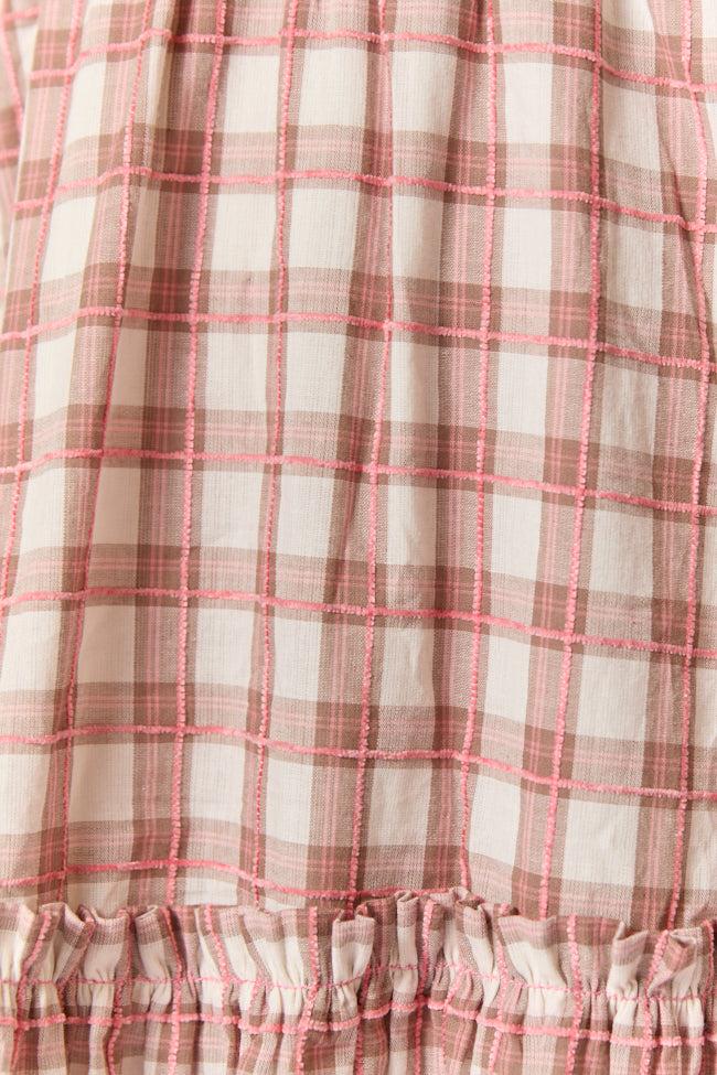 Checked Treasures Pink and Brown Plaid Tiered Midi Dress FINAL SALE Product Image