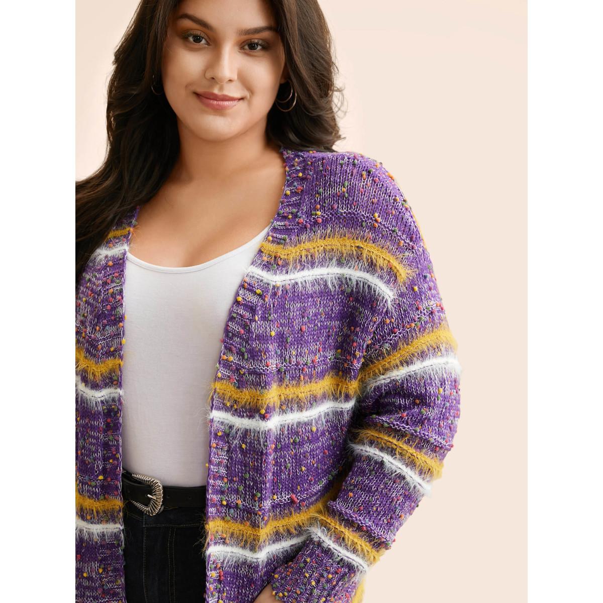 Plus Size Striped Contrast Texture Fluffy Cardigan Deeppurplered Women Casual Loose Long Sleeve Everyday Cardigans BloomChic 22-24/3X Product Image