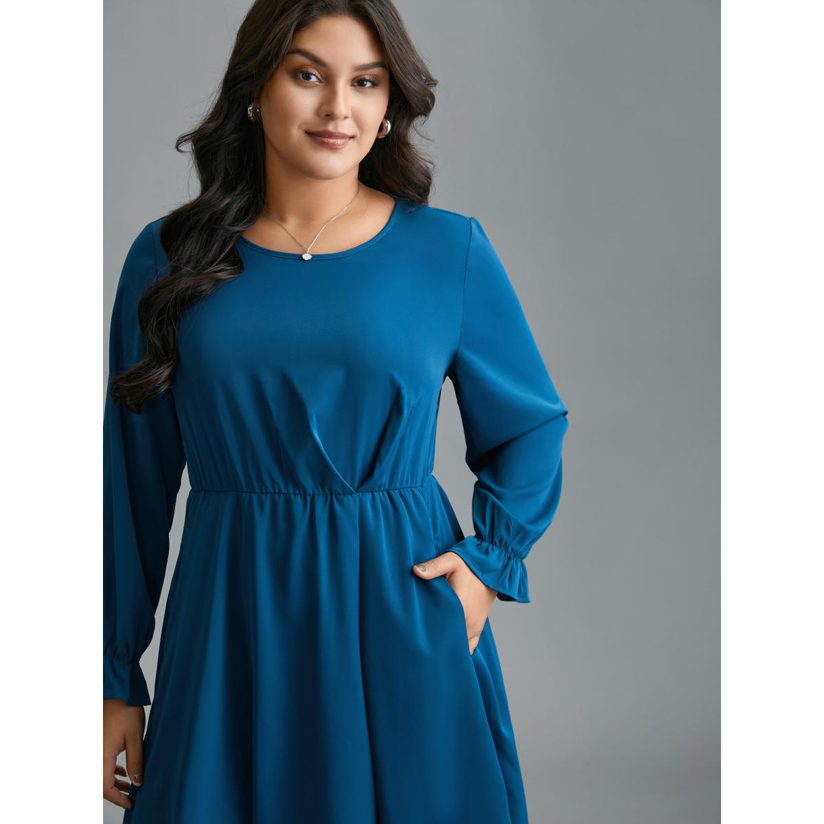 Plus Size Ruffle Cuff Elastic Waist Split Hem Dress Aegean Women At the Office Pleated Round Neck Long Sleeve Curvy BloomChic 18-20/2X Product Image