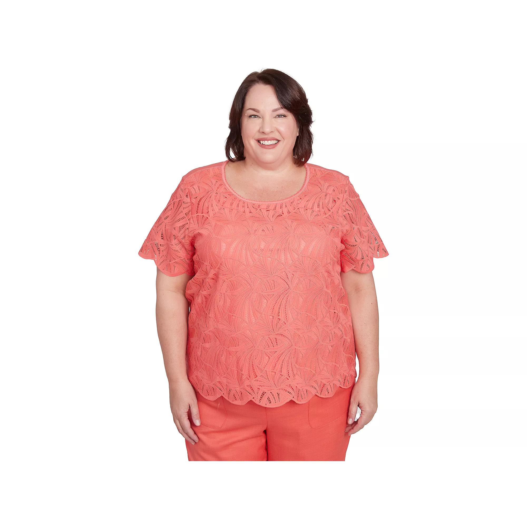 Plus Size Alfred Dunner Lace Trimmed Textured Tee, Women's, Size: 3XL, Orange Product Image