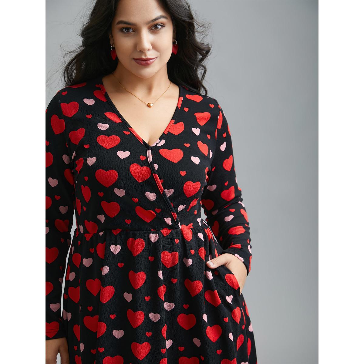 Plus Size Wrap Neck Hearts Print Knit Dress Black Women Elegant Non Knit Dresses Bloomchic 18-20/2X Product Image