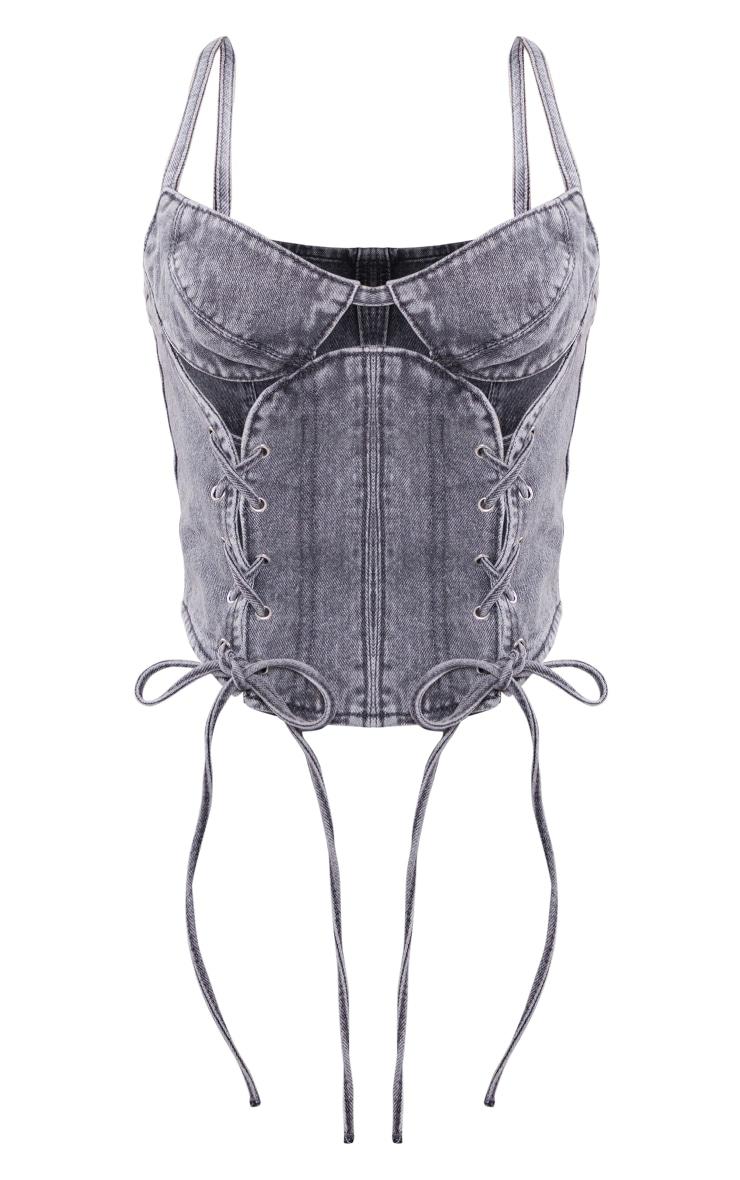 Petite Grey Acid Wash Denim Lace Up Corset Product Image