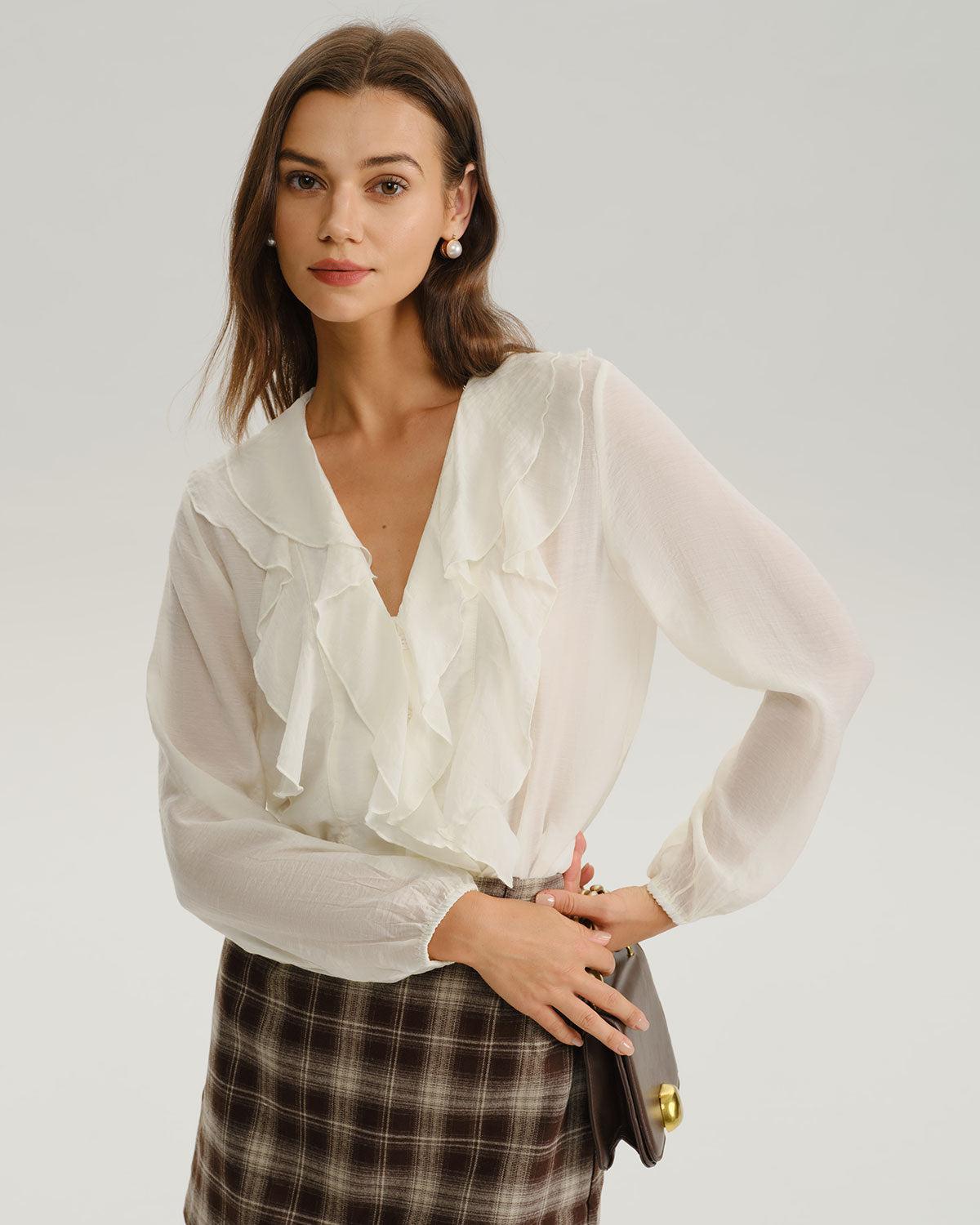 White V Neck Ruffle Loose Shirt Product Image
