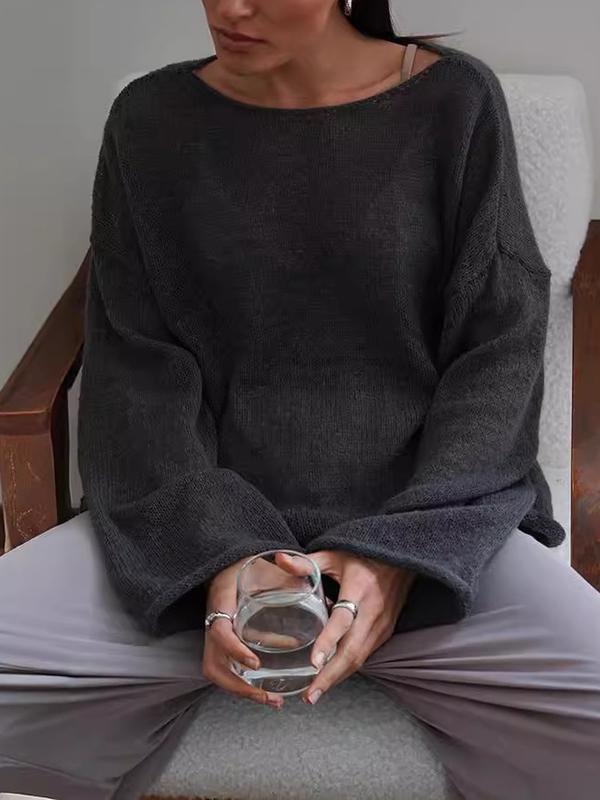 Long Sleeves Loose See-Through Solid Color Split-Joint Round-Neck Sweater Tops Product Image