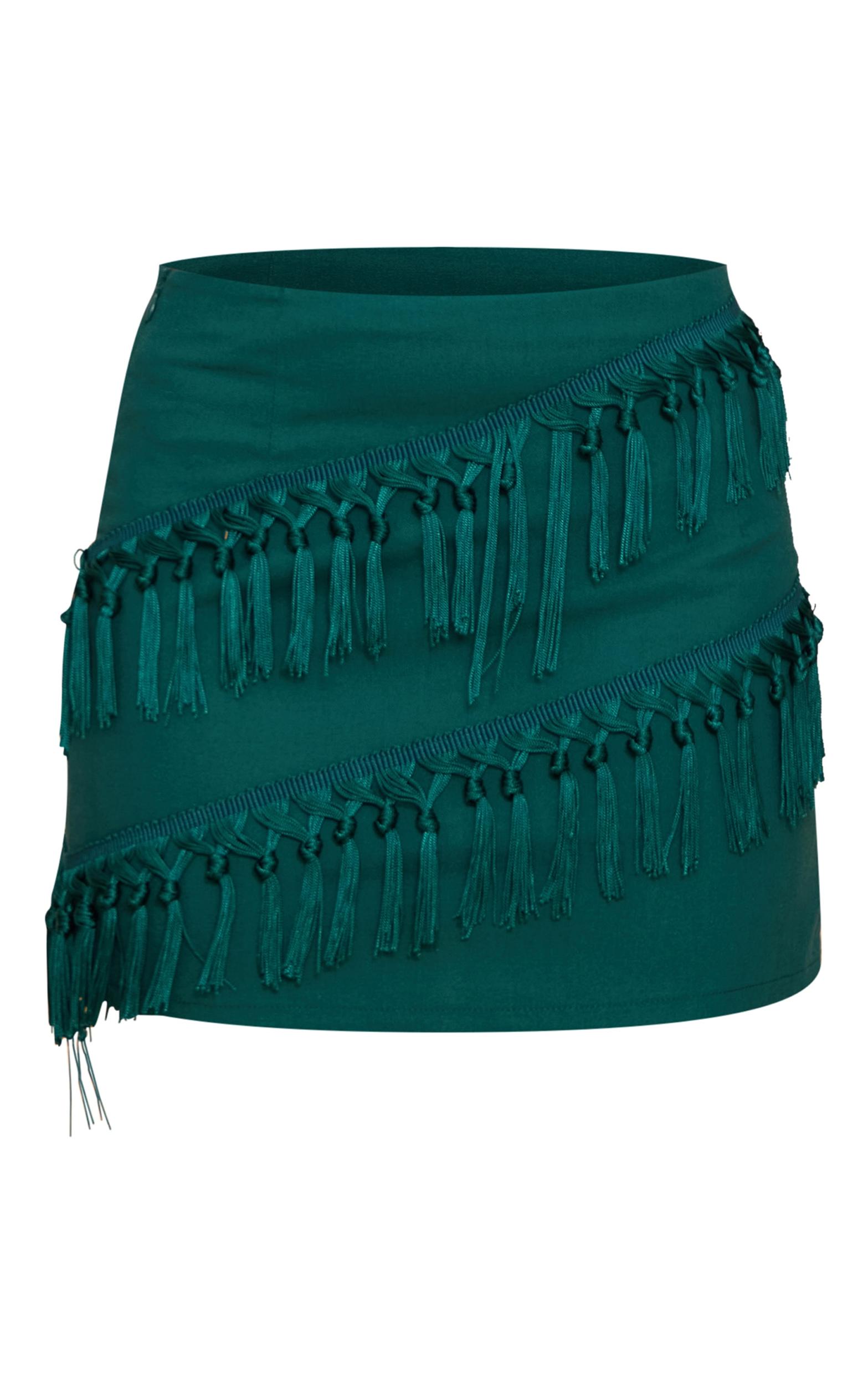 Teal Linen Tassel Detail Mini Skirt Product Image