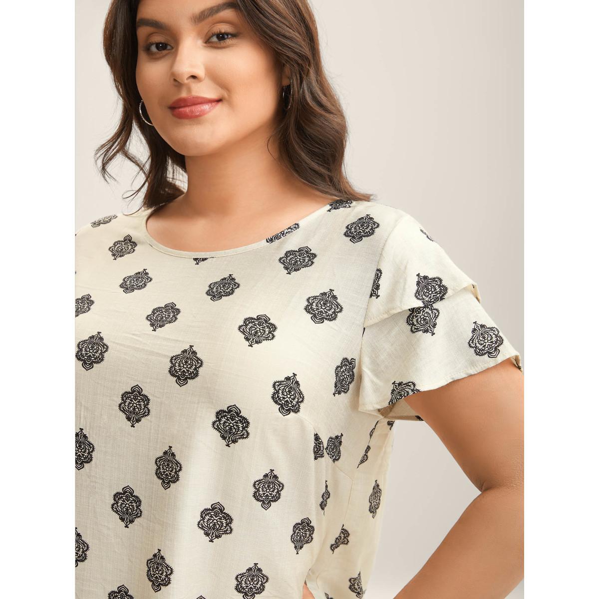 Plus Size Ivory Boho Print Layered Sleeve Shirt Women Short sleeve Round Neck Vacation Blouses BloomChic 10/M Product Image