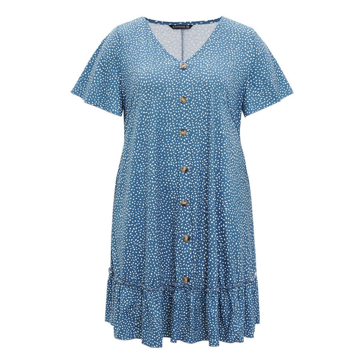 Plus Size Water Drop Print Button Detail Ruffled Dress Stone Women Casual Frill Trim V-neck Short sleeve Curvy Knee Dress BloomChic 14-16/1X Product Image