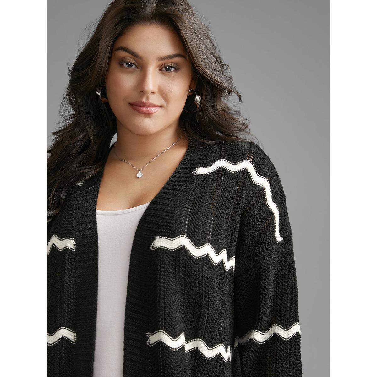 Plus Size Striped Textured Pointelle Knit Cardigan Black Women Casual Long Sleeve Everyday Cardigans BloomChic 22-24/3X Product Image