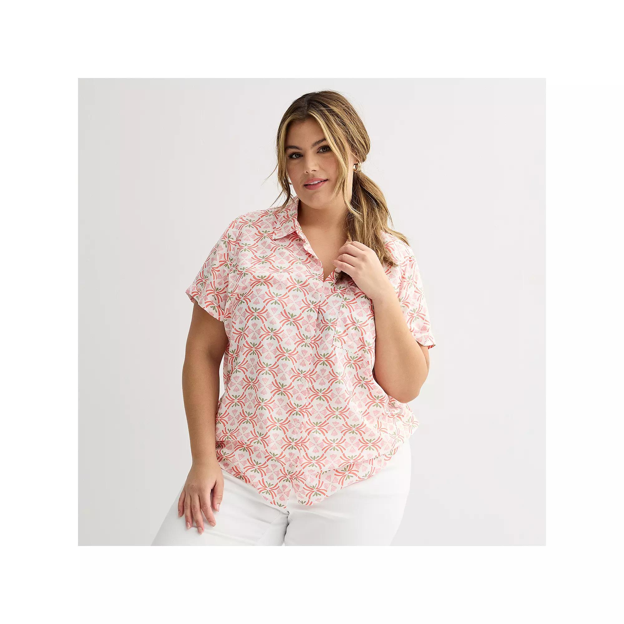 Plus Size Croft & Barrow® Camp Shirt, Women's, Size: 1XL, Pink White Tile Product Image