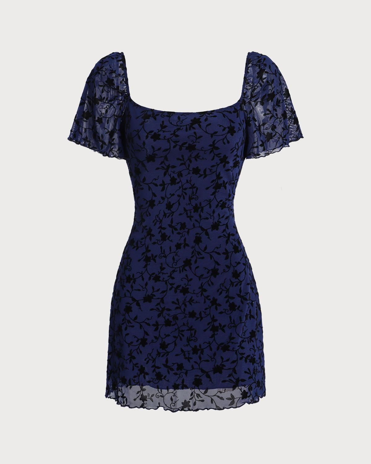 Blue Floral Square Neck Mesh Mini Dress Product Image