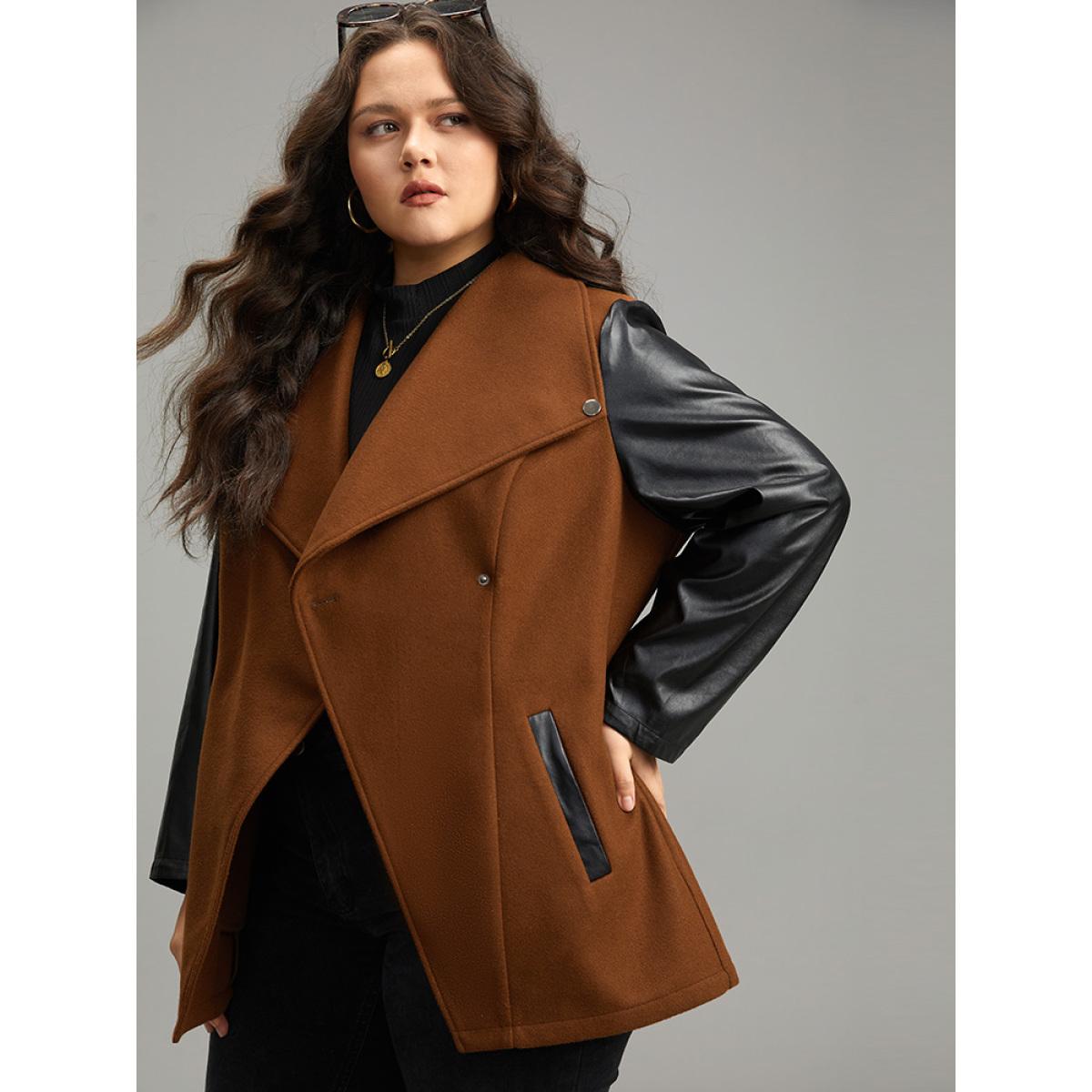 Plus Size Contrast PU Leather Lapel Collar Pocket Button Up Coat Women Tan Casual Contrast Ladies Dailywear Winter Coats BloomChic 26/4X Product Image