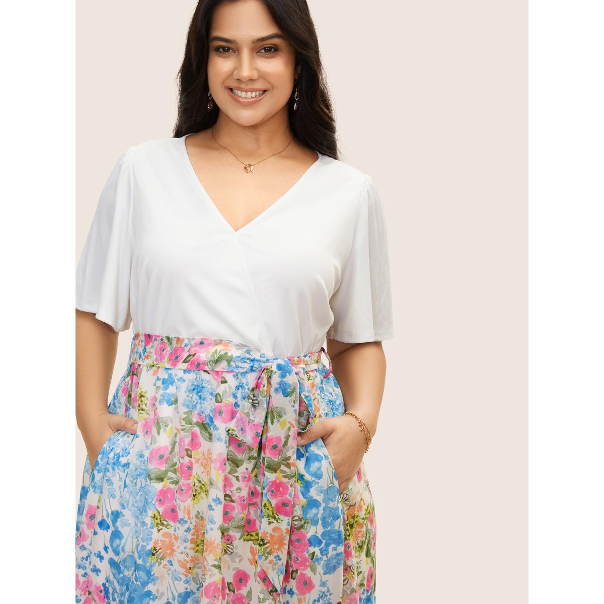 Plus Size Overlap Collar Patchwork Floral Midi Dress Ivory Women Elegant Belted Overlap Collar Short sleeve Curvy BloomChic 28/5X Product Image