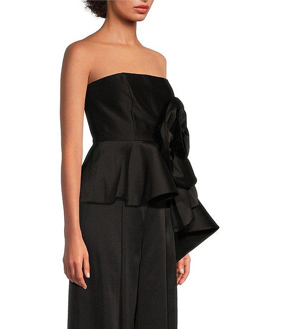 Muse by Marchesa Stretch Mikado Satin 3D Floral Blossom Ruched Straight Neck Sleeveless Running Front Peplum Coordinating Blouse Product Image