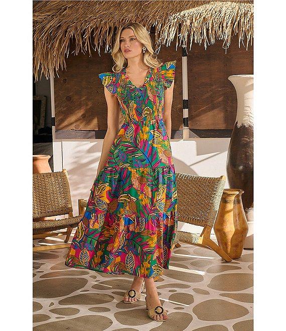 Sugarlips V-Neck Tropical Multi Sunfire Sleeveless Smocked Bodice Midi Dress Product Image