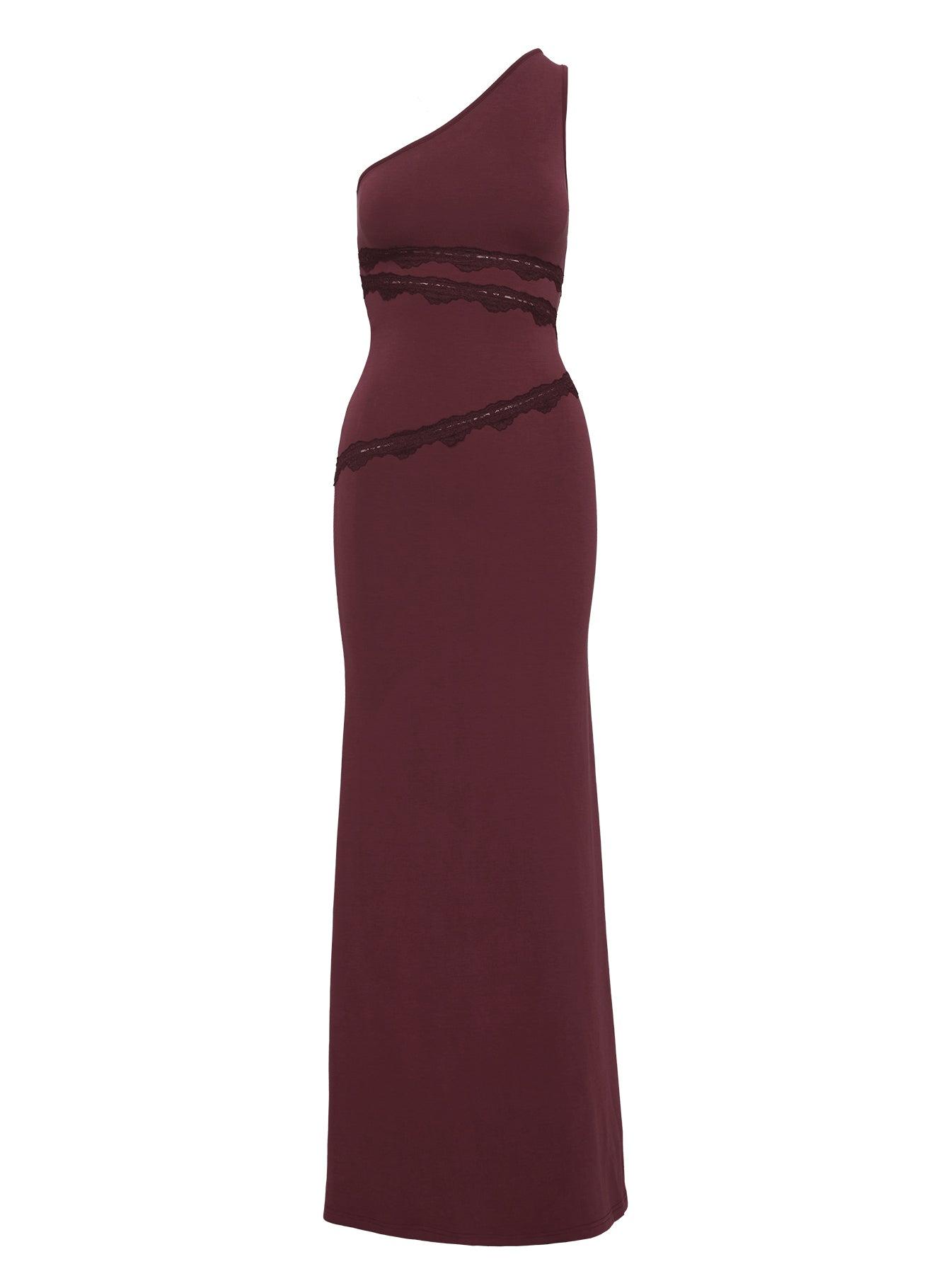 Ultraviolet One Shoulder Lace Maxi Dress Wine Product Image