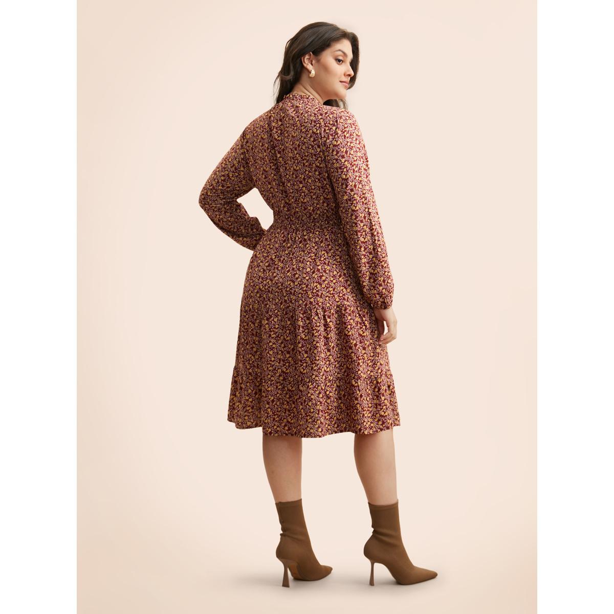 Plus Size Ditsy Floral Shirred Frill Trim Dress Burgundy Women Elegant Frill Trim Mock Neck Long Sleeve Curvy BloomChic 26/4X Product Image