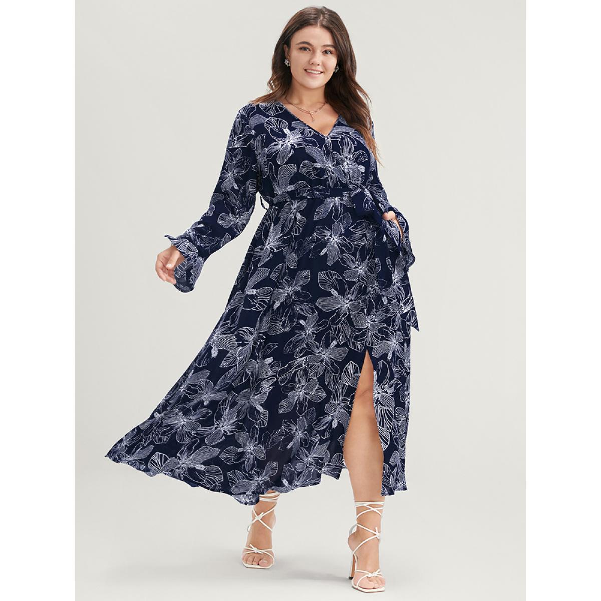 Plus Size Floral Print Belted Pocket Split Hem Wrap Dress DarkBlue Women Elegant Pocket V-neck Long Sleeve Curvy Midi Dress BloomChic 14-16/1X Product Image