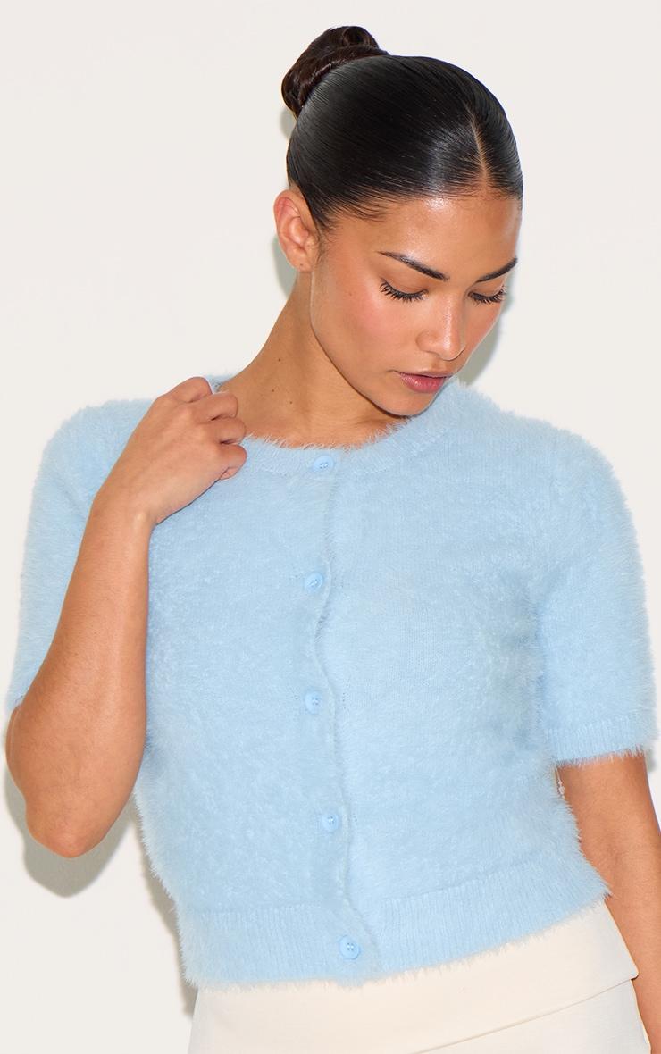 Petite Blue Fluffy Knit Cap Sleeve Crop Sweater Product Image