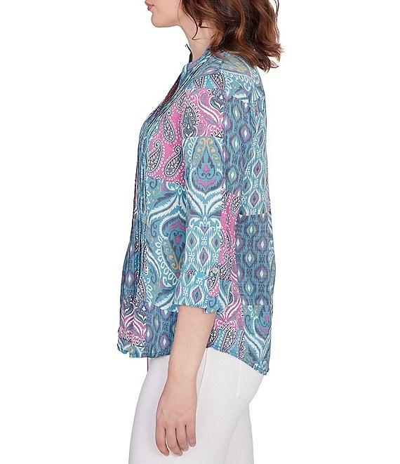 Ruby Rd. Patchwork Print Banded Collar Roll-Tab Sleeve Pleat Detail Button-Down Blouse Product Image
