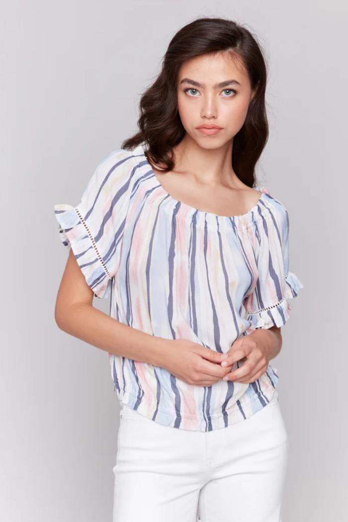 Printed Short Sleeve Peasant Blouse Product Image