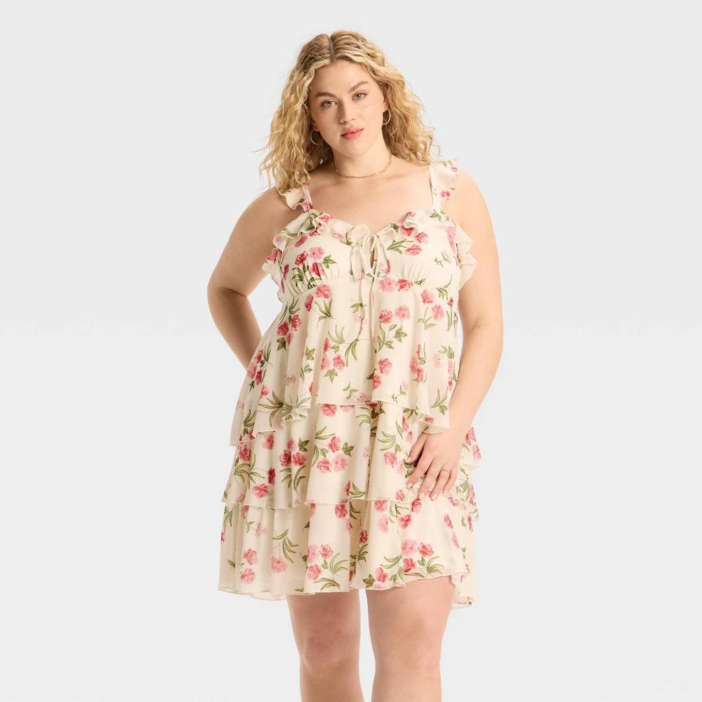 Women's Knit Chiffon Tiered Ruffle Sleeve Mini A-Line Dress - Wild Fable™ Floral XXL Product Image
