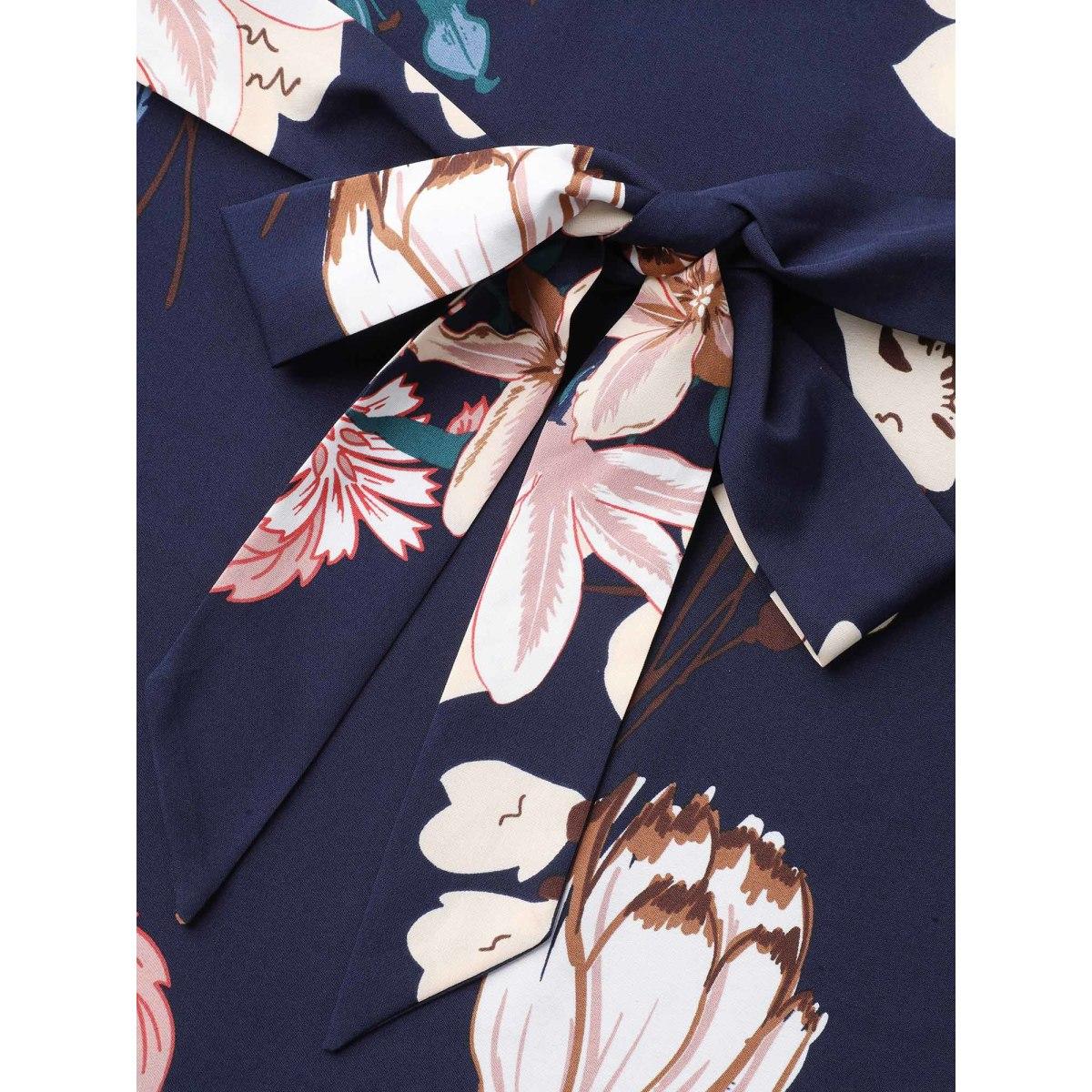 Plus Size Floral Print V Neck Pockets Midi Dress DarkBlue Women Elegant Belted V-neck Sleeveless Curvy BloomChic 30/6X Product Image