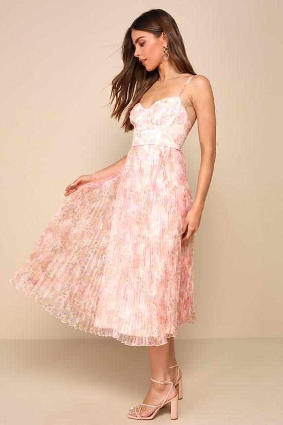Finest Endeavor Blush Pink Floral Pleated Bustier Midi Dress Product Image