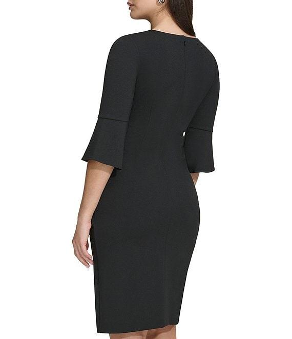 Kensie Stretch Boat Neck Mid Length Bell Sleeve Twist Waist Faux Wrap Skirt Sheath Dress Product Image