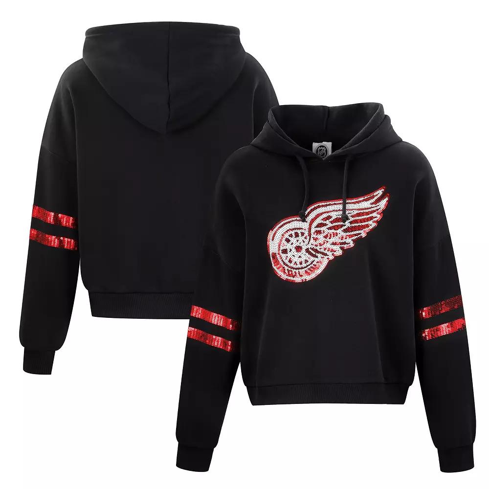 Women's Cuce Black Detroit Red Wings Sequin Cropped Pullover Hoodie, Size: 2XL Product Image