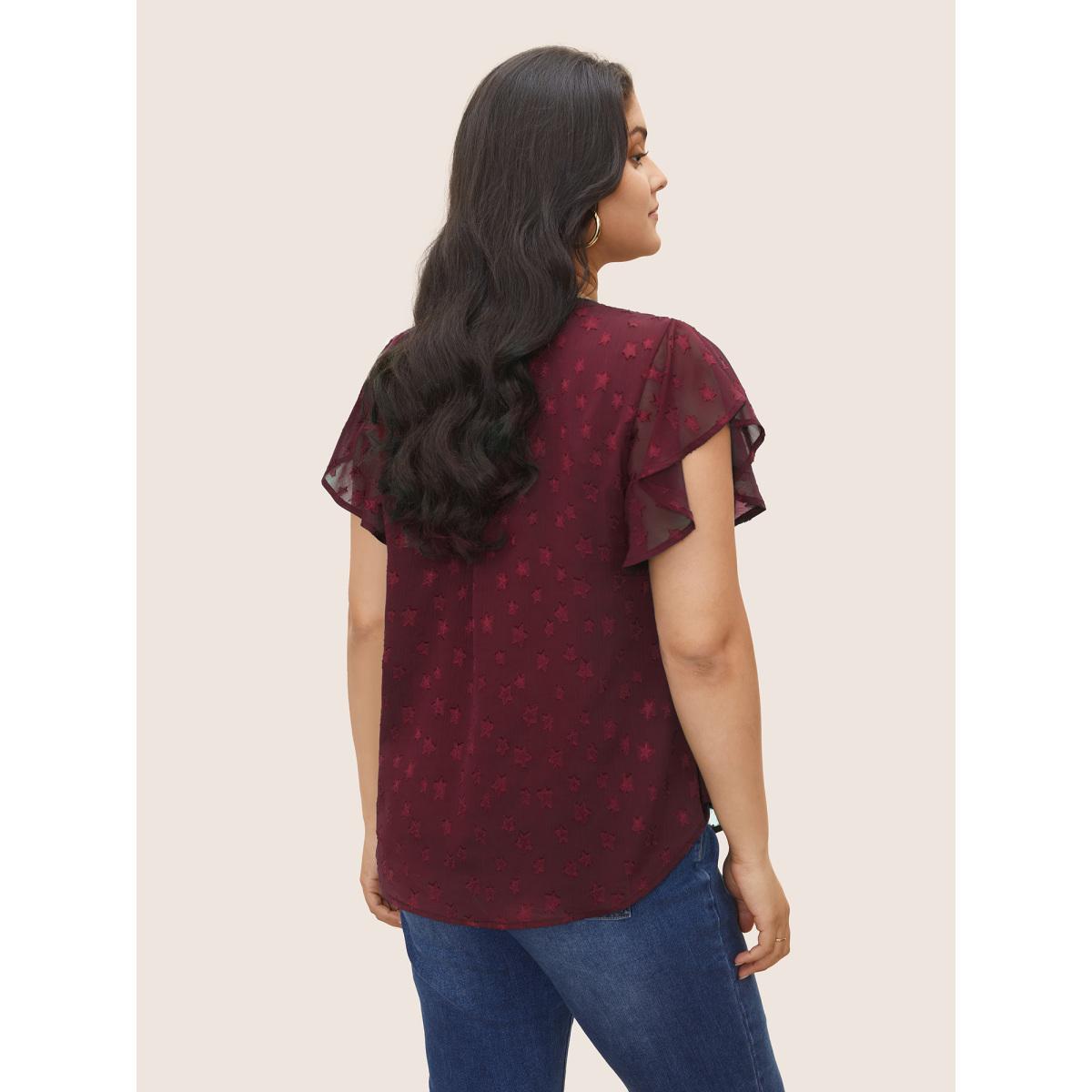Plus Size Burgundy Star Mesh Gathered Ruffle Sleeve Blouse Women Timeless Cap Sleeve V-neck Elegant Blouses BloomChic 22-24/3X Product Image