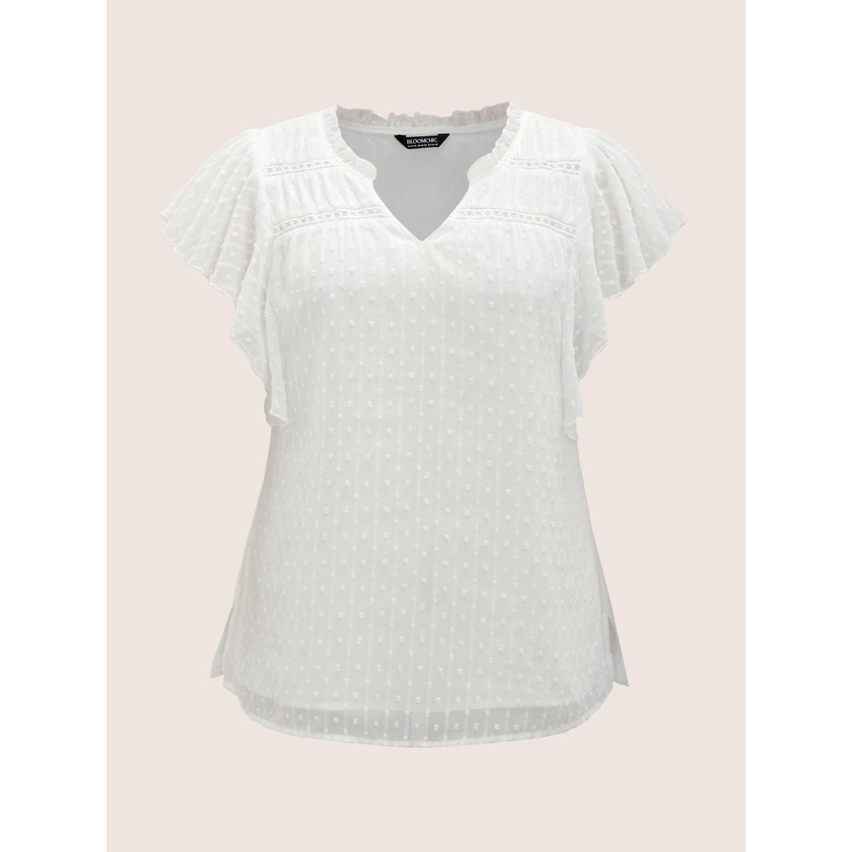 Plus Size Ivory Plain Textured Chiffon Ruffle Cap Sleeve Blouse Women Elegant Cap Sleeve V-neck Everyday Blouses BloomChic 18-20/2X Product Image