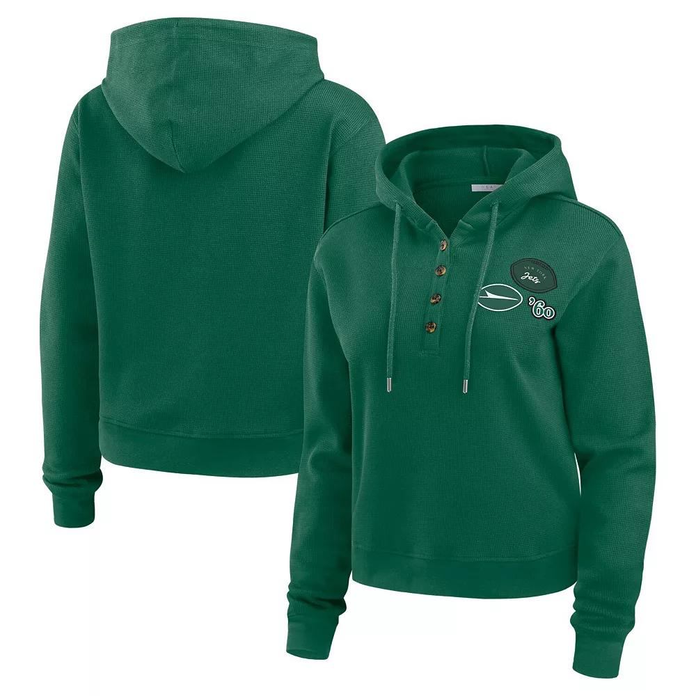 Women's WEAR by Erin Andrews  Green New York Jets Waffle Hoodie Pullover Top, Size: Large Product Image