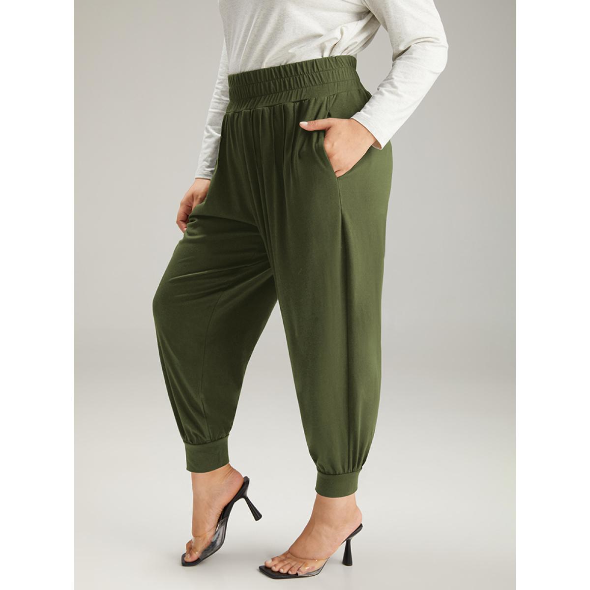 Solid Shirred Pocket Harem Sweatpants ArmyGreen Plus Size Women Casual Dailywear Tummy control 30/6X Bloomchic Product Image