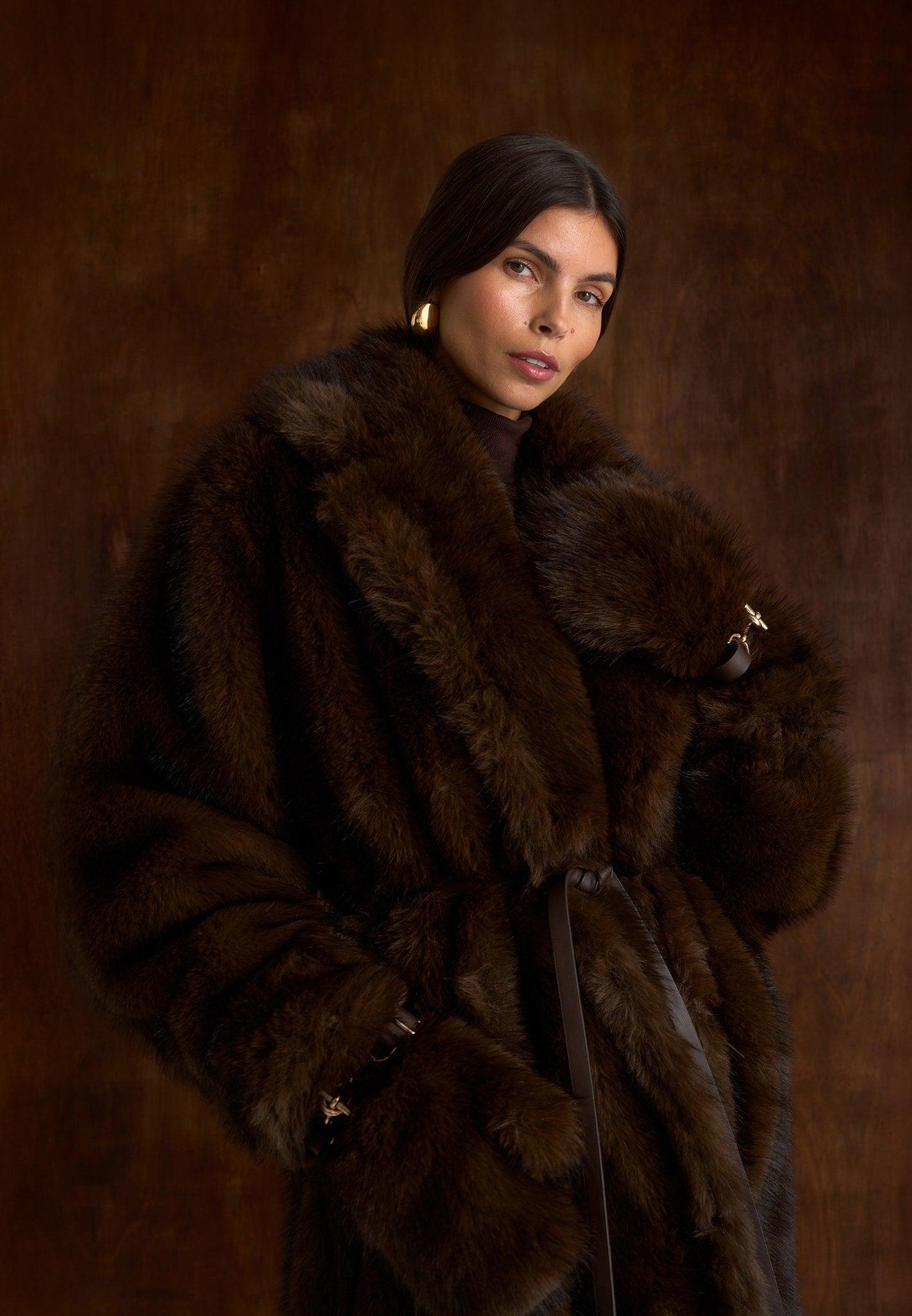 Bria - Oversized Fur Coat With Leather Belt - Brown Female Product Image