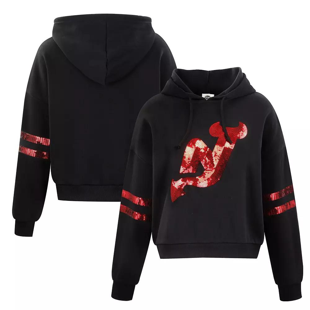 Women's Cuce Black New Jersey Devils Sequin Cropped Pullover Hoodie, Size: Small, Nhl Black Product Image