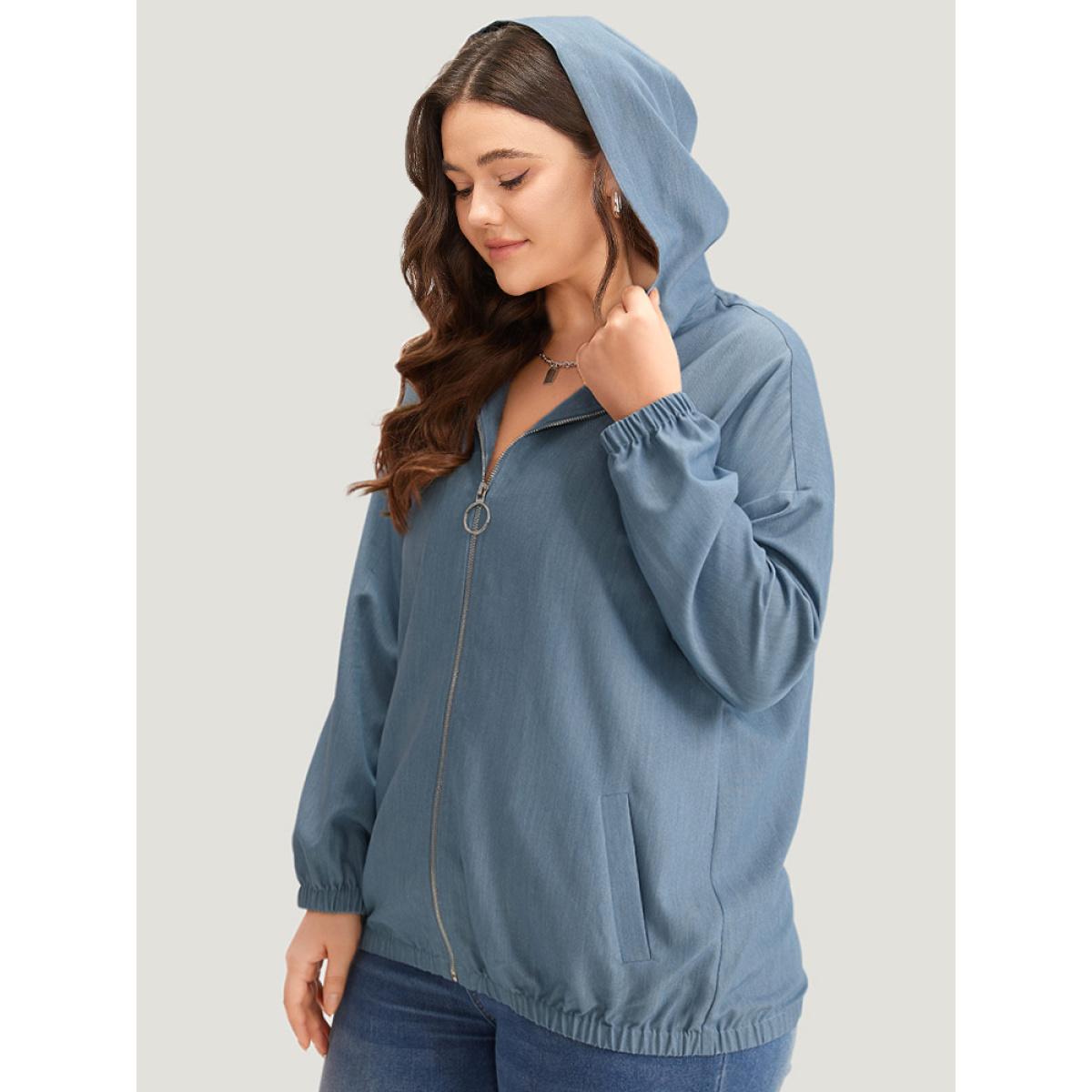 Plus Size Lapel Collar Hooded Zipper Pocket Elastic Hem Jacket Women Stone Elastic cuffs Pocket Dailywear Jackets BloomChic 22-24/3X Product Image