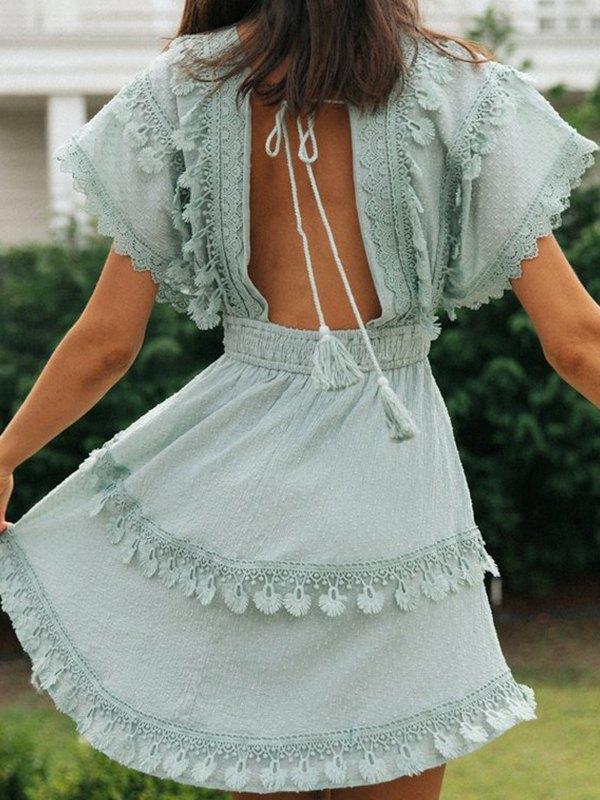V Neck Lace Trim Dress Product Image