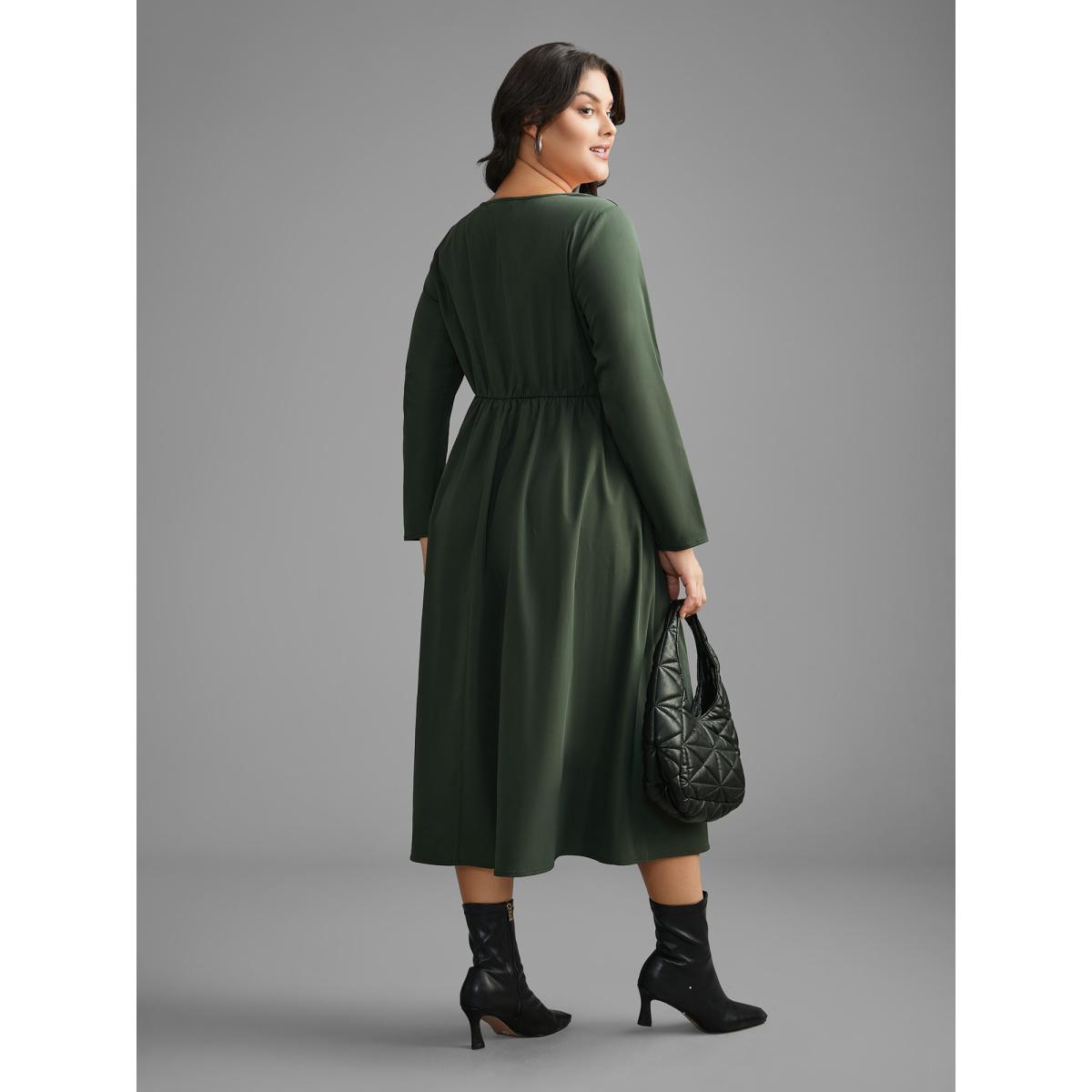 Plus Size Square Neck Plain Button Detail Dress DarkGreen Women At the Office Button Square Neck Long Sleeve Curvy BloomChic 10/M Product Image