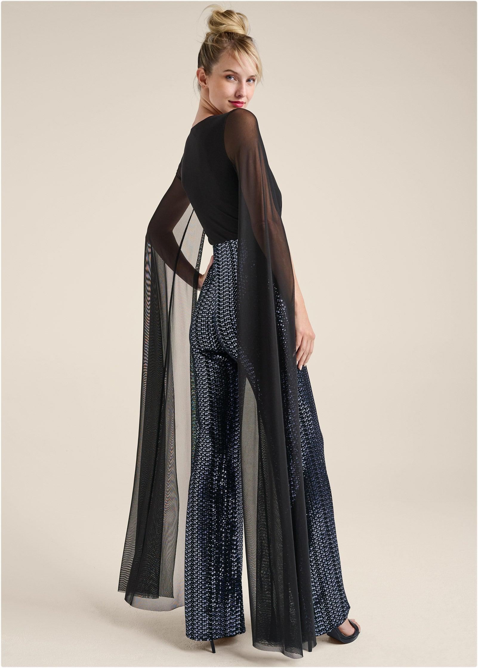 Cape Sleeve Sequin Jumpsuit - Black Product Image