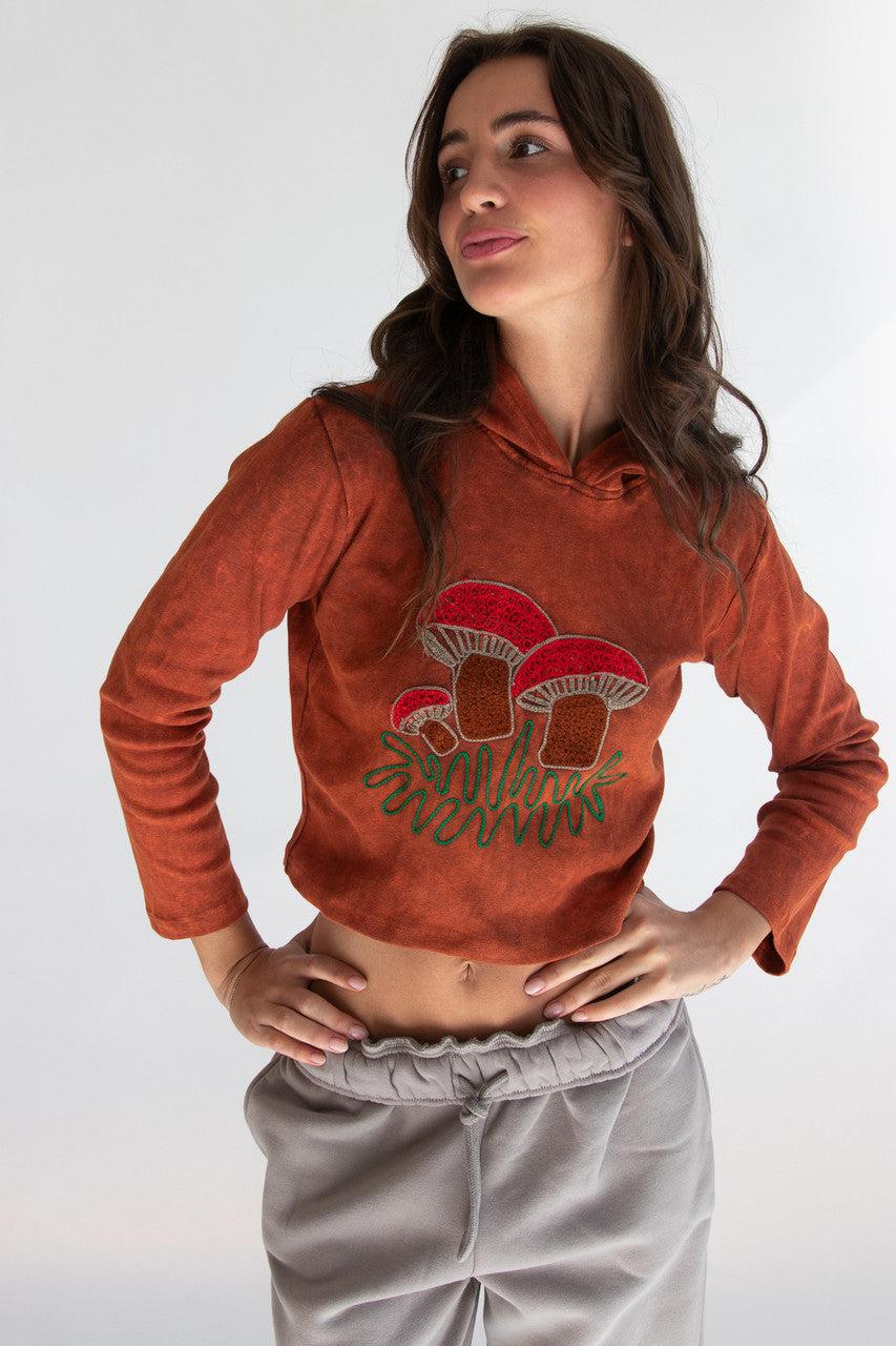 Embroidered Mushroom Mineral Wash Crop Hoodie Product Image