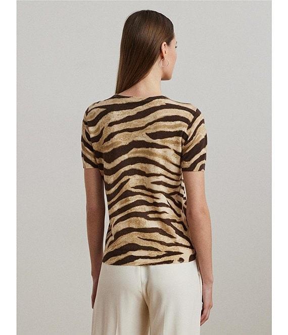 Lauren Ralph Lauren Linen-Cotton Zebra Print Ribbed Crew Neck Short Sleeve Sweater Product Image
