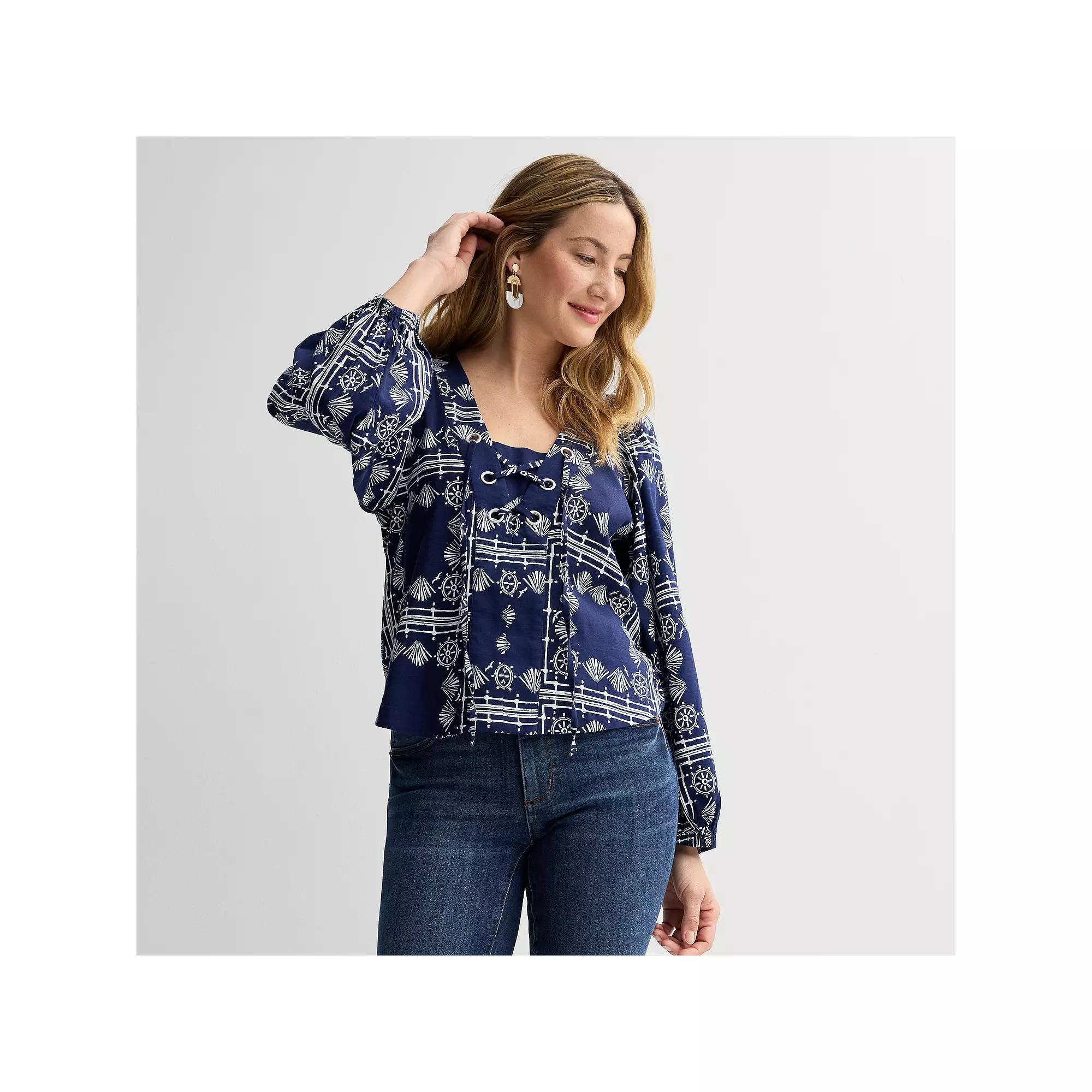 Women's Sonoma Goods For Life® Long Sleeve Lace-Up Top, Size: XL, Blue Nautical Print Product Image