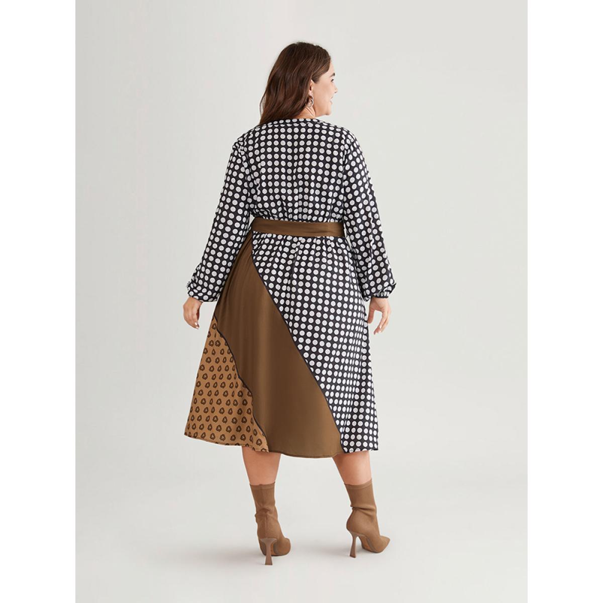 Plus Size Polka Dot Patchwork Colorblock Belted Notched Dress Multicolor Women At the Office Elastic cuffs Notched collar Long Sleeve Curvy Midi Dress BloomChic 30/6X Product Image