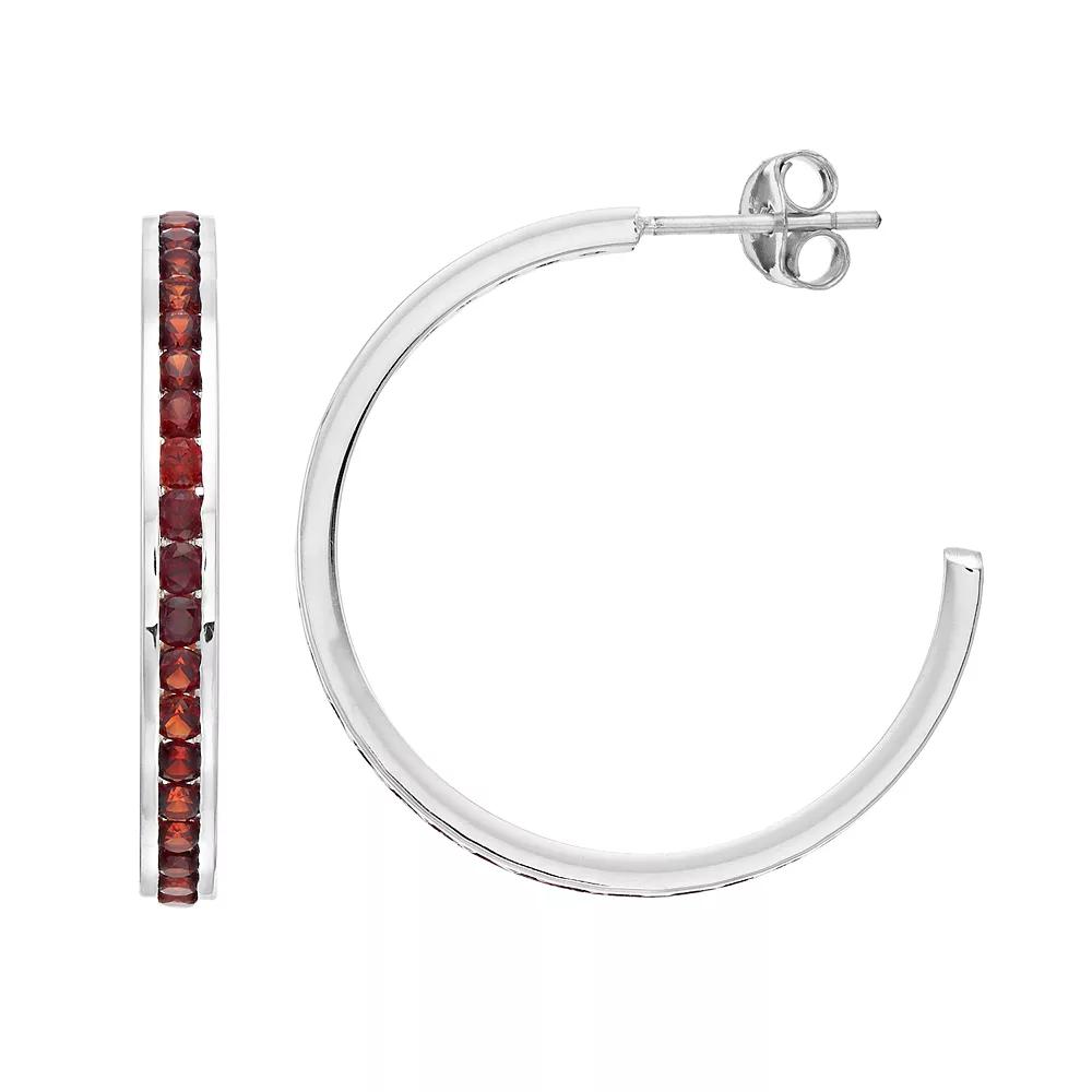 Traditions Jewelry Company Sterling Silver Channel-Set Garnet Birthstone Hoop Earrings, Women's Product Image