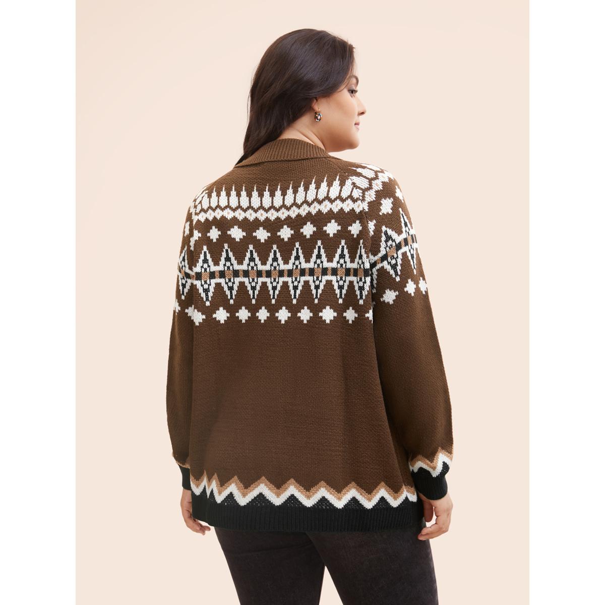 Plus Size Fair Isle Collared Button Down Cardigan DarkBrown Women Casual Loose Long Sleeve Everyday Cardigans BloomChic 18-20/2X Product Image
