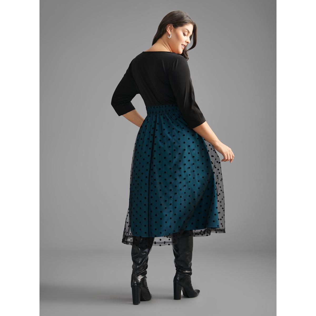 Plus Size Polka Dot Flocking Mesh Patchwork Dress Teal Women Elegant Gathered Round Neck Elbow-length sleeve Curvy BloomChic 22-24/3X Product Image